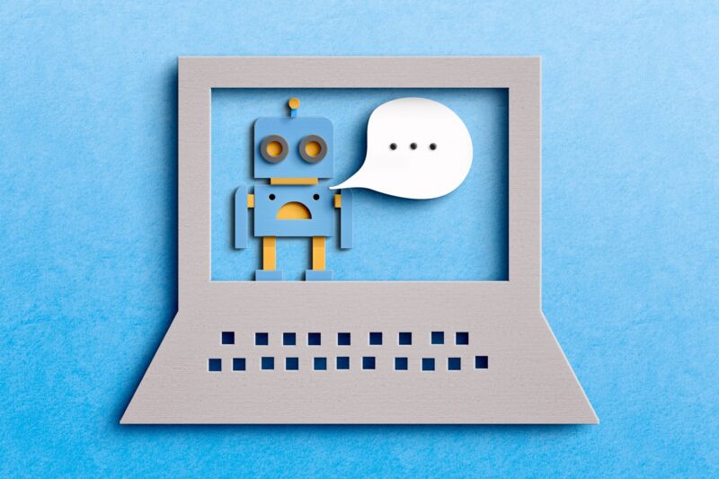 Ilustración de un robot que habla en una pantalla de computadora.