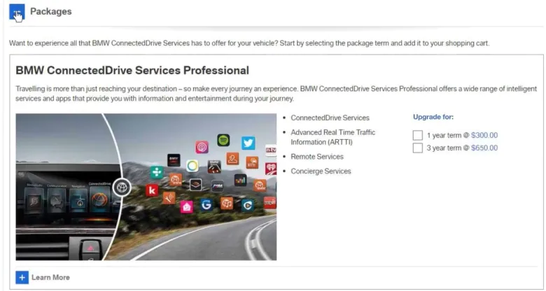 Una captura de pantalla del sitio de suscripción canadiense de BMW muestra texto sobre un fondo blanco con una imagen de la consola del tablero del automóvil.