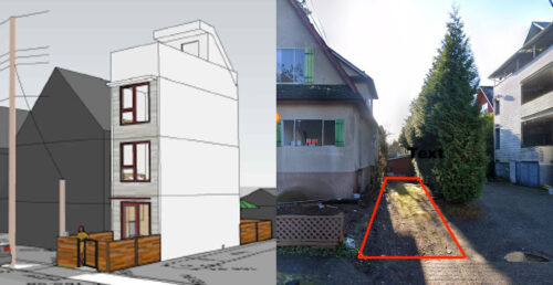 Una casa de 3 plantas que se construirá en un pequeño terreno en el barrio unifamiliar de Vancouver